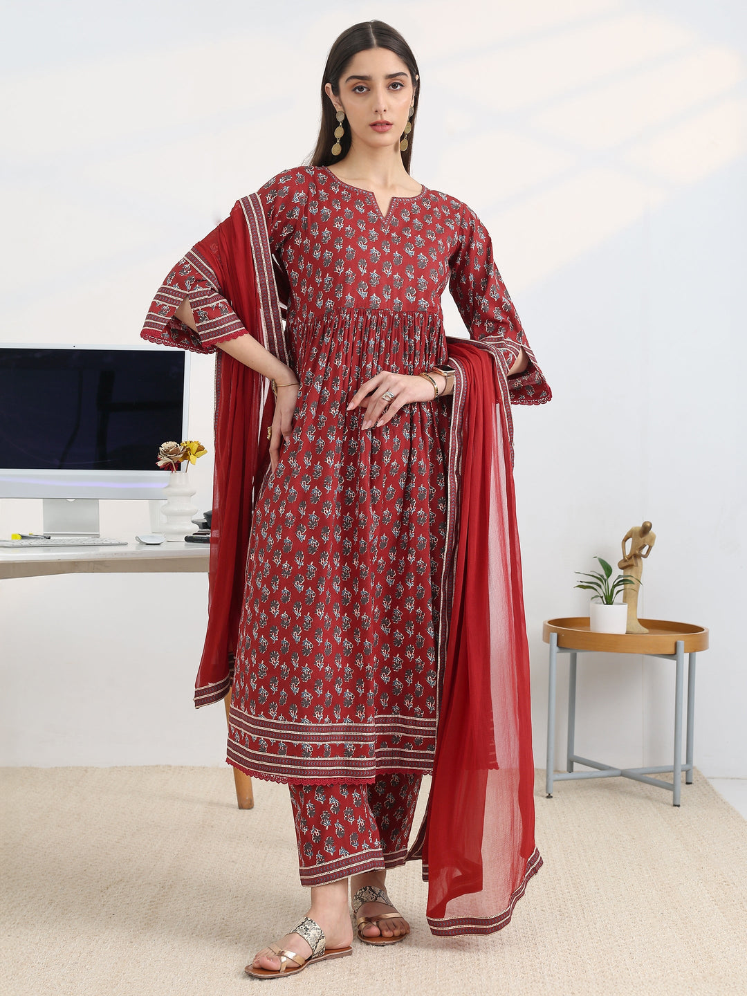 Rust Printed Cotton Blend A-Line Suit Set With Dupatta