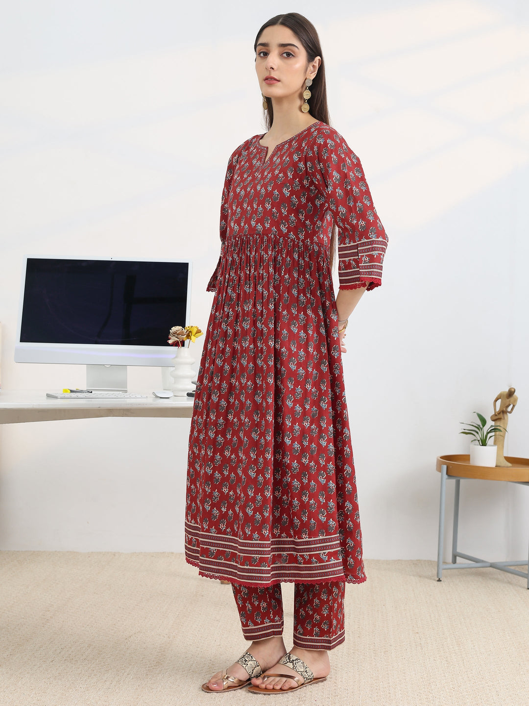 Rust Printed Cotton Blend A-Line Suit Set With Dupatta