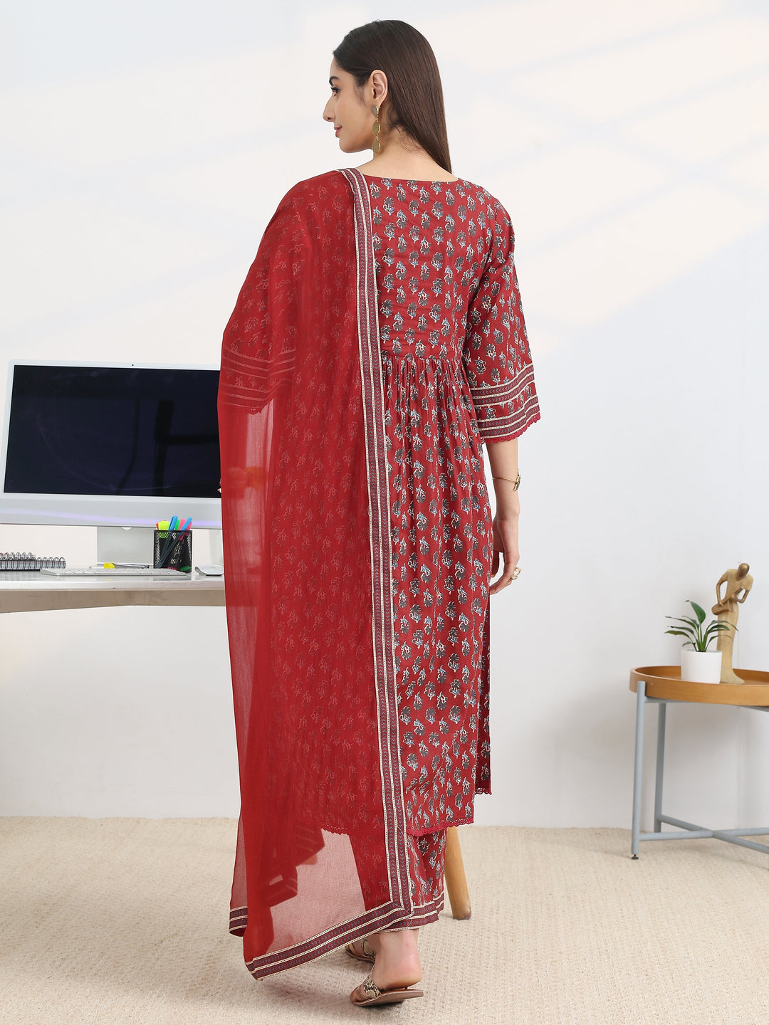 Rust Printed Cotton Blend A-Line Suit Set With Dupatta