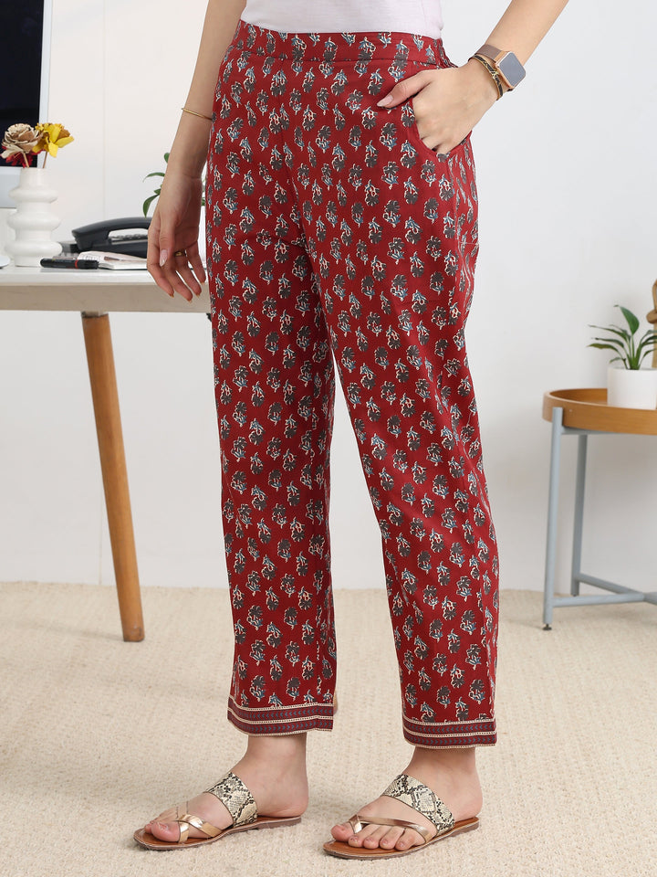 Rust Printed Cotton Blend A-Line Suit Set With Dupatta