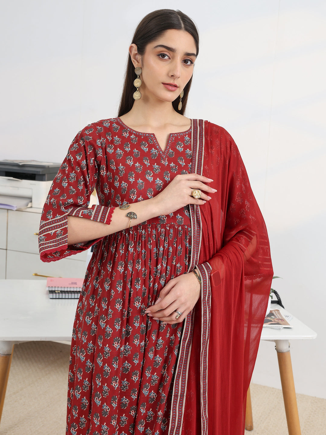 Rust Printed Cotton Blend A-Line Suit Set With Dupatta