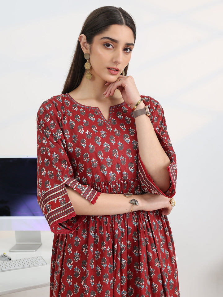 Rust Printed Cotton Blend A-Line Suit Set With Dupatta