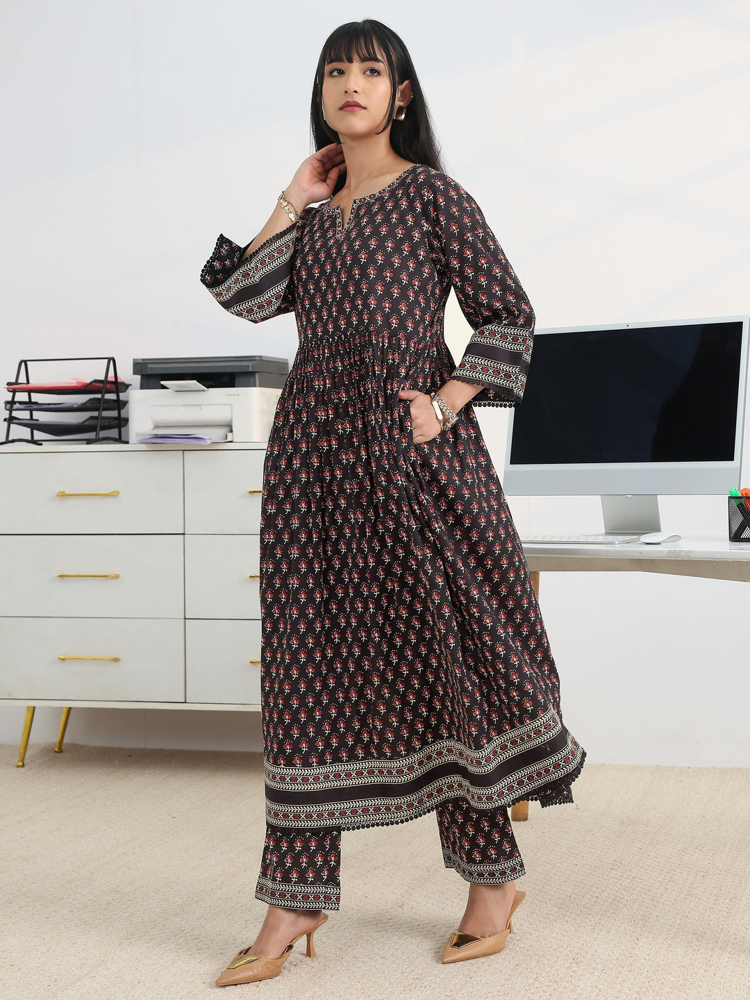 Black Printed Cotton Blend A-Line Suit Set With Dupatta