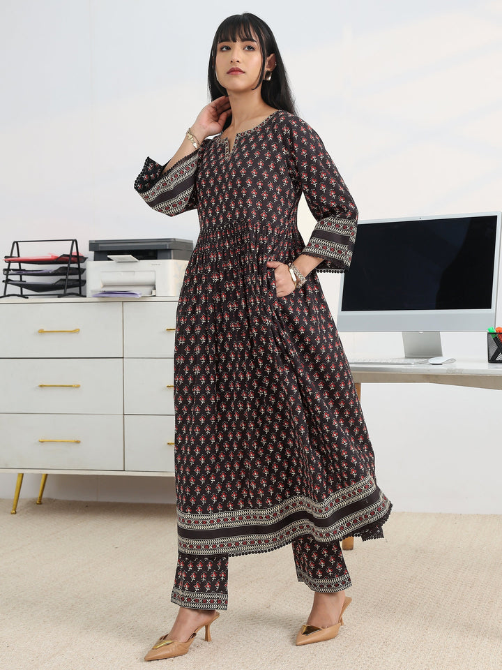 Black Printed Cotton Blend A-Line Suit Set With Dupatta