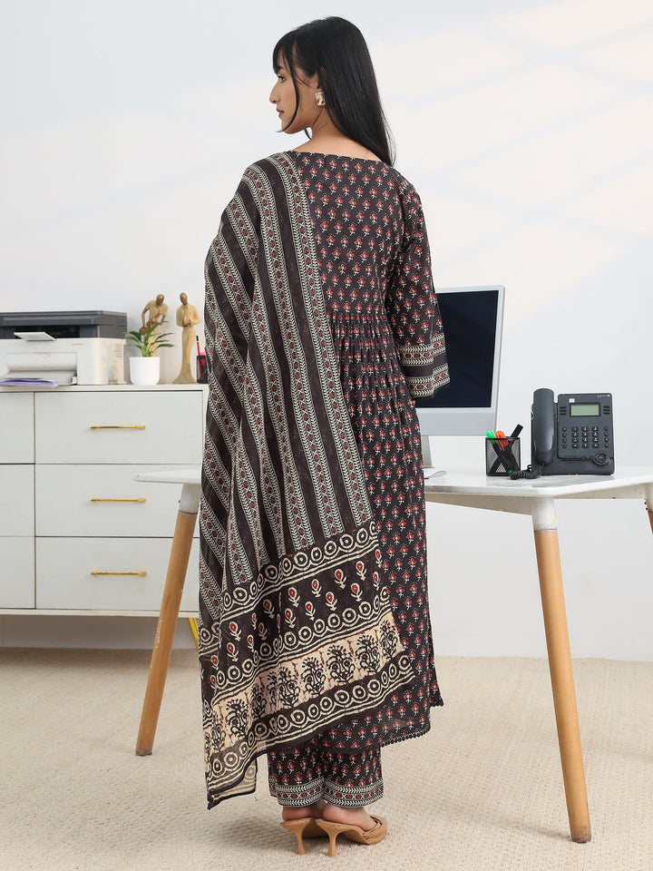 Black Printed Cotton Blend A-Line Suit Set With Dupatta