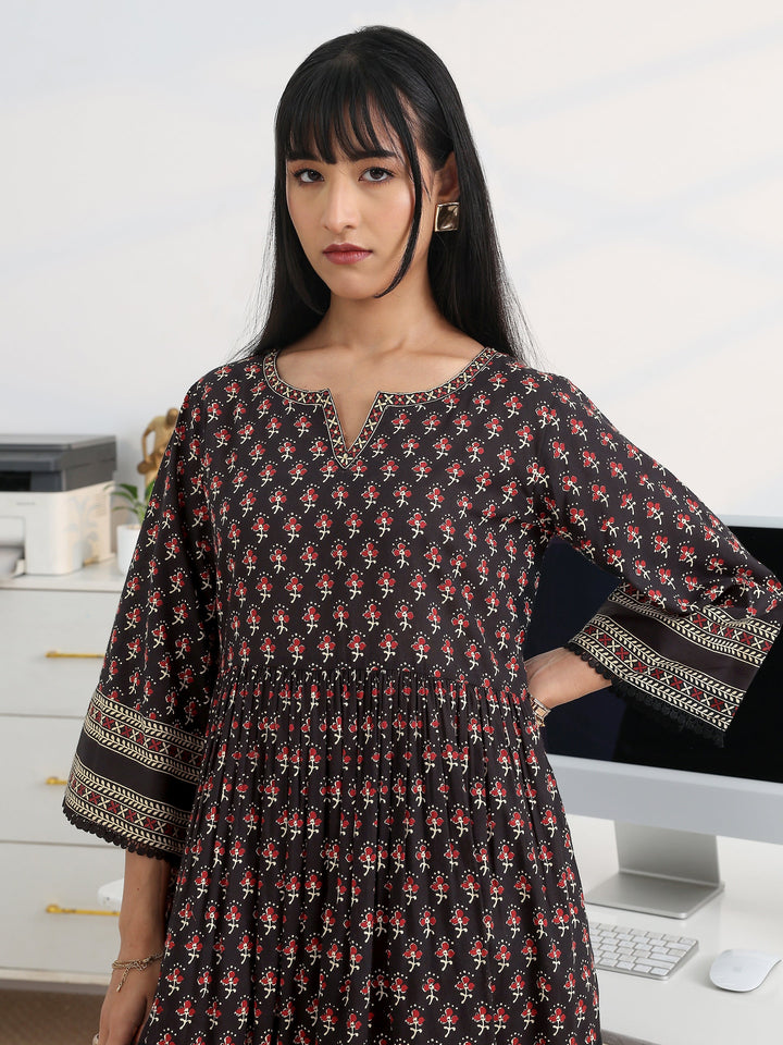 Black Printed Cotton Blend A-Line Suit Set With Dupatta