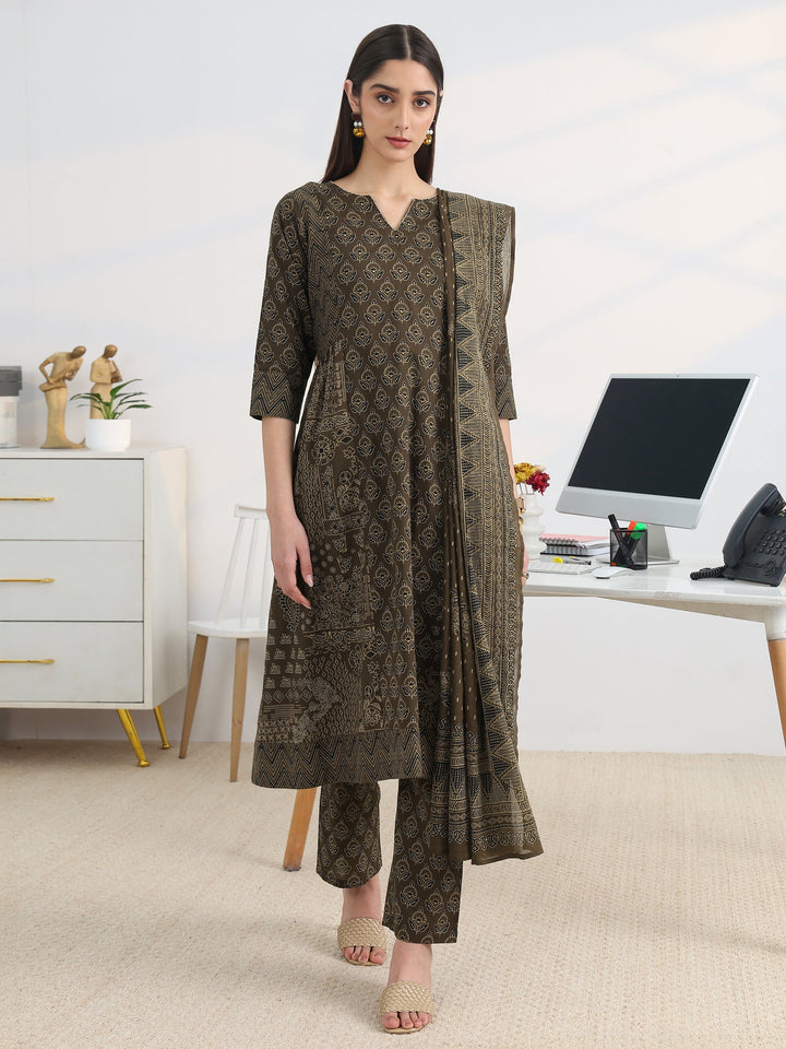 Brown Printed Cotton Blend A-Line Suit Set With Dupatta
