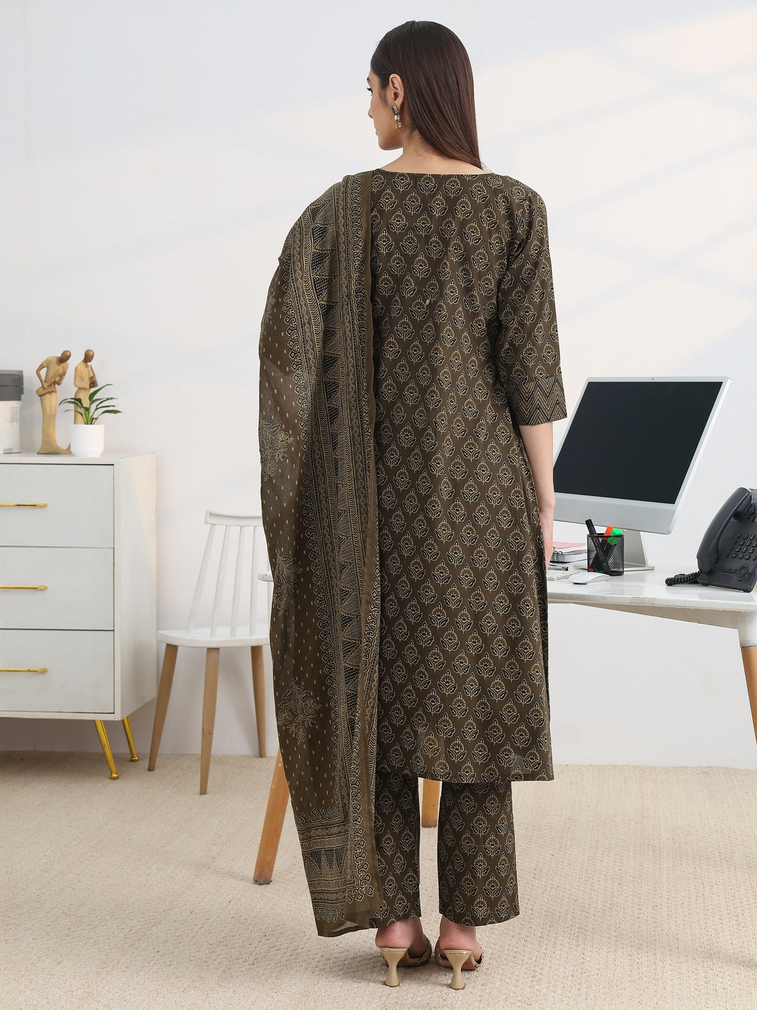 Brown Printed Cotton Blend A-Line Suit Set With Dupatta