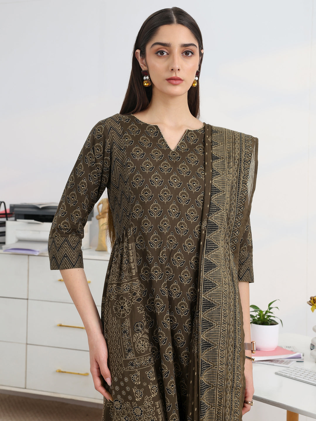 Brown Printed Cotton Blend A-Line Suit Set With Dupatta