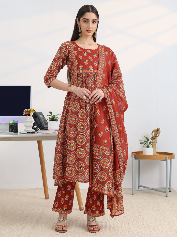 Rust Printed Cotton Blend A-Line Suit Set With Dupatta