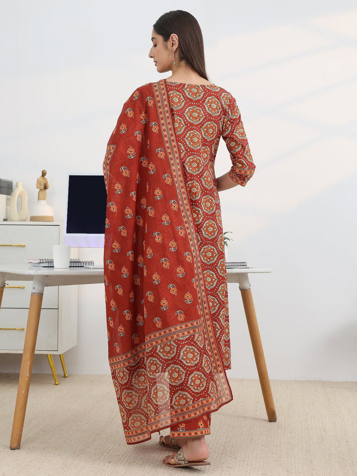 Rust Printed Cotton Blend A-Line Suit Set With Dupatta