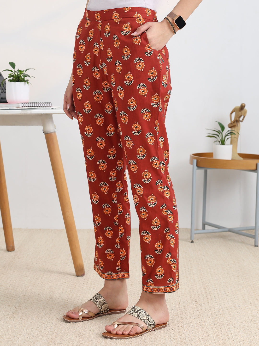 Rust Printed Cotton Blend A-Line Suit Set With Dupatta