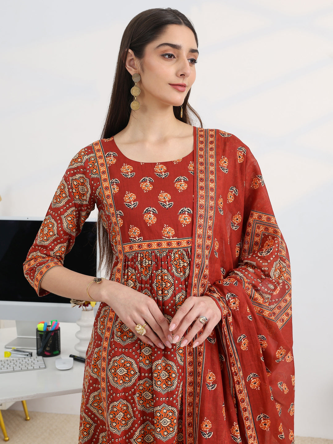 Rust Printed Cotton Blend A-Line Suit Set With Dupatta