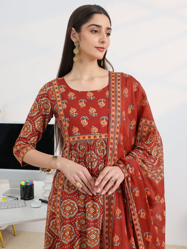 Rust Printed Cotton Blend A-Line Suit Set With Dupatta