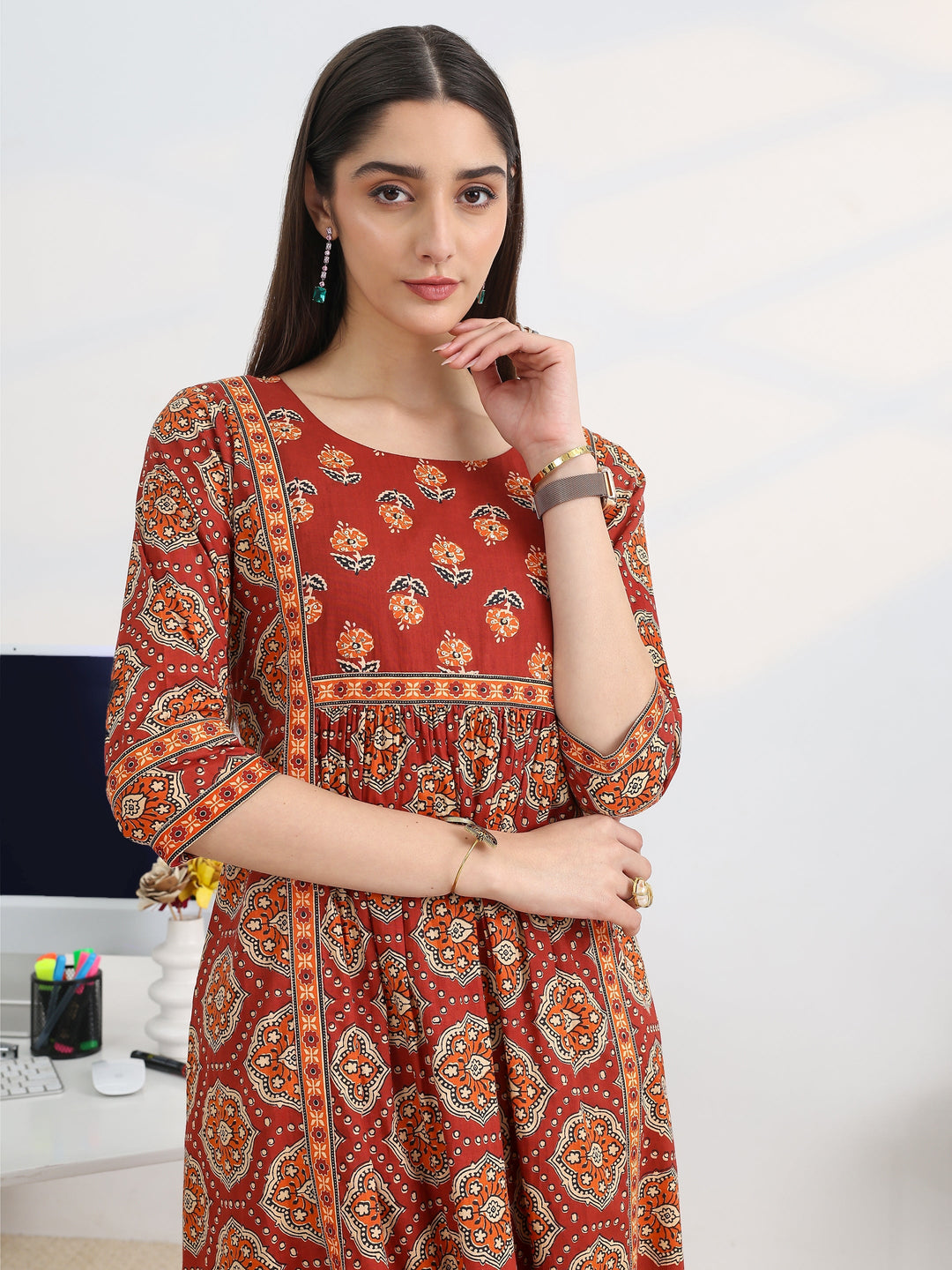 Rust Printed Cotton Blend A-Line Suit Set With Dupatta