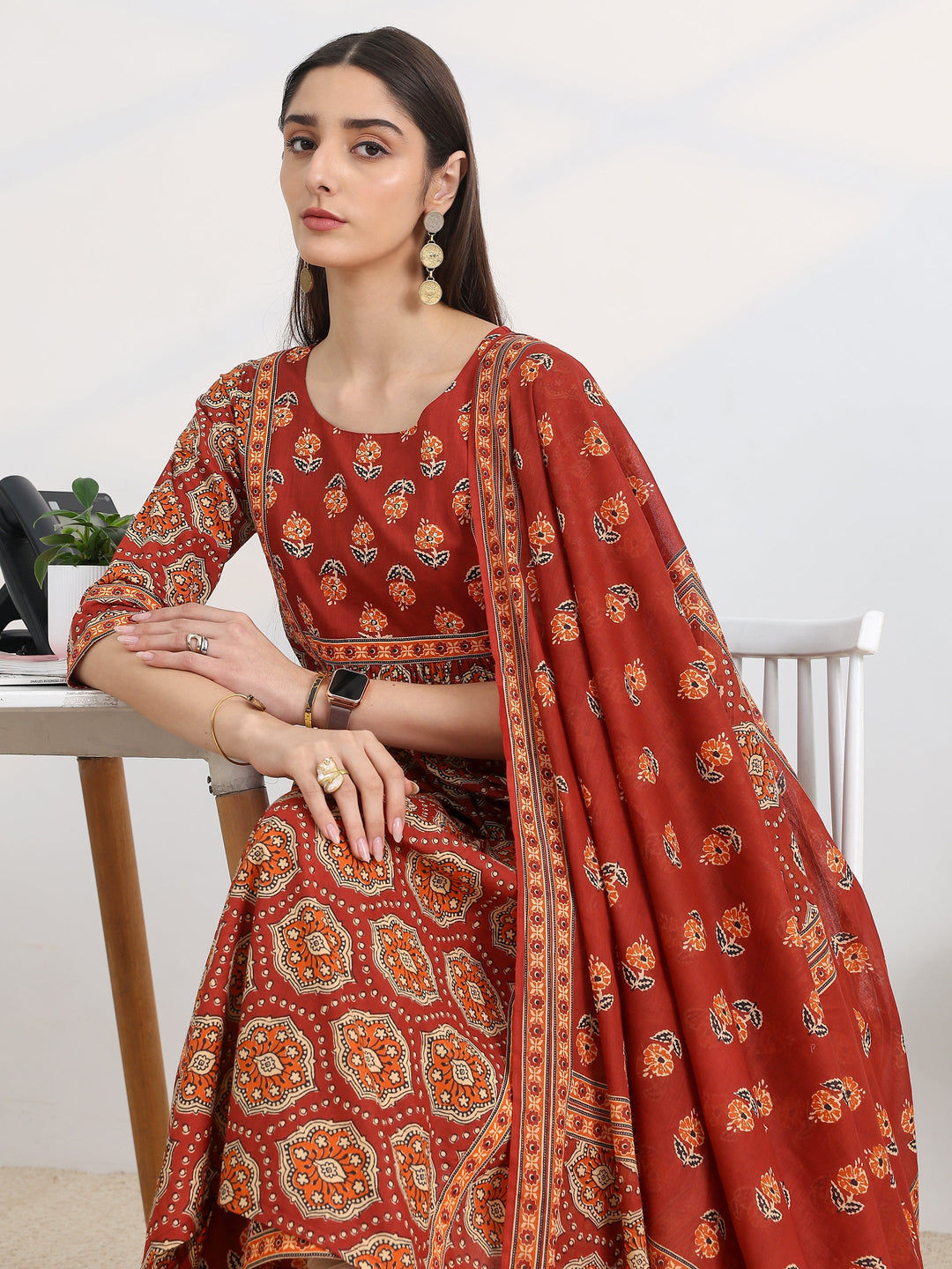 Rust Printed Cotton Blend A-Line Suit Set With Dupatta