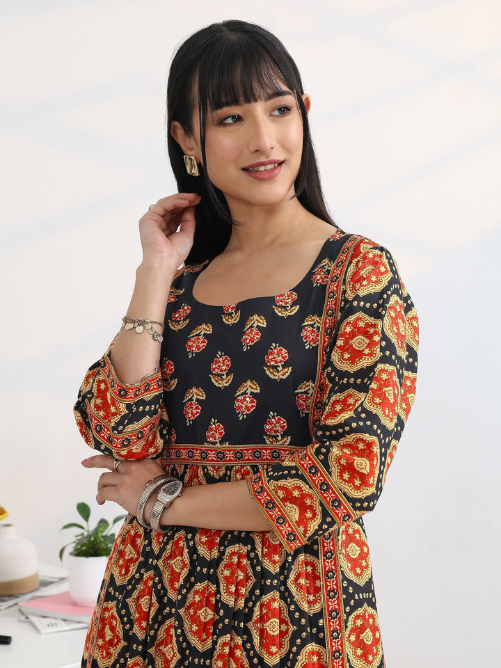 Black Printed Cotton Blend A-Line Suit Set With Dupatta
