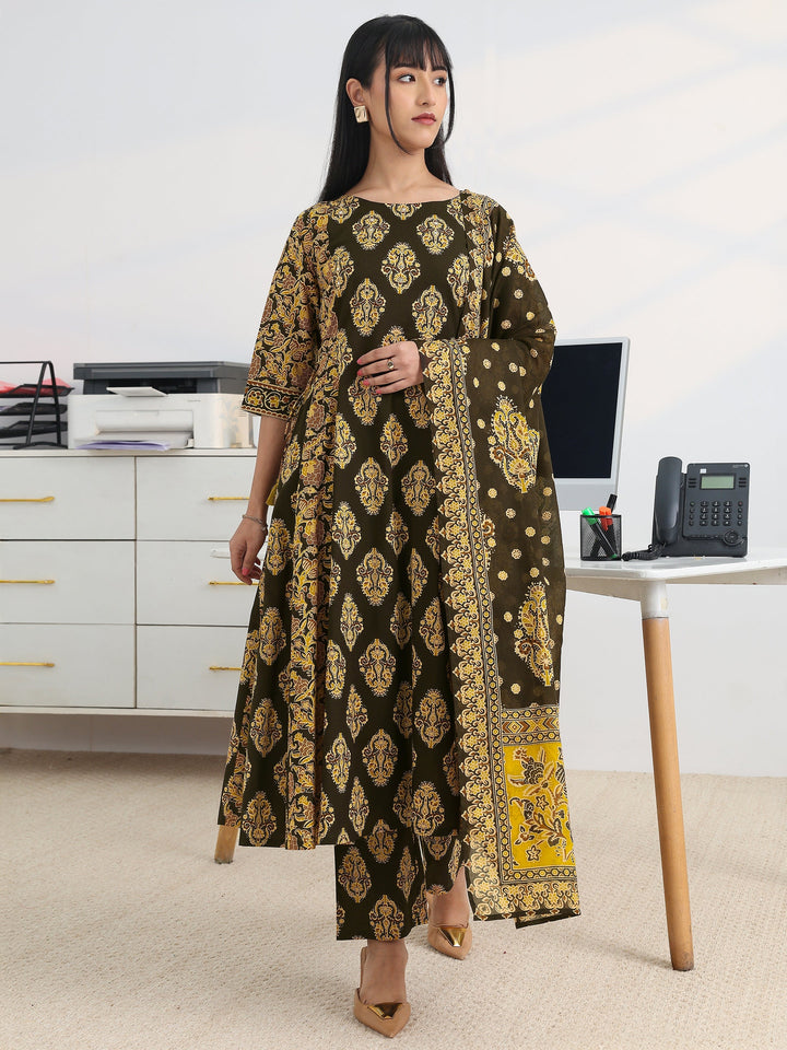 Black Printed Cotton Blend A-Line Suit Set With Dupatta
