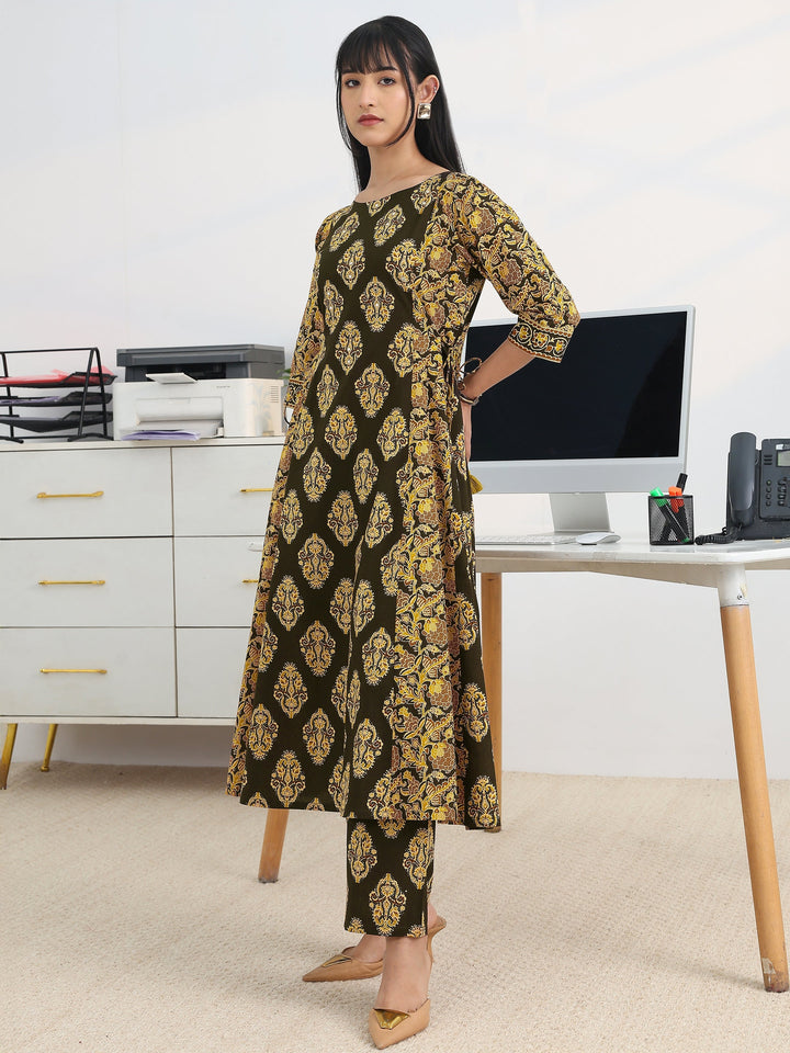Black Printed Cotton Blend A-Line Suit Set With Dupatta
