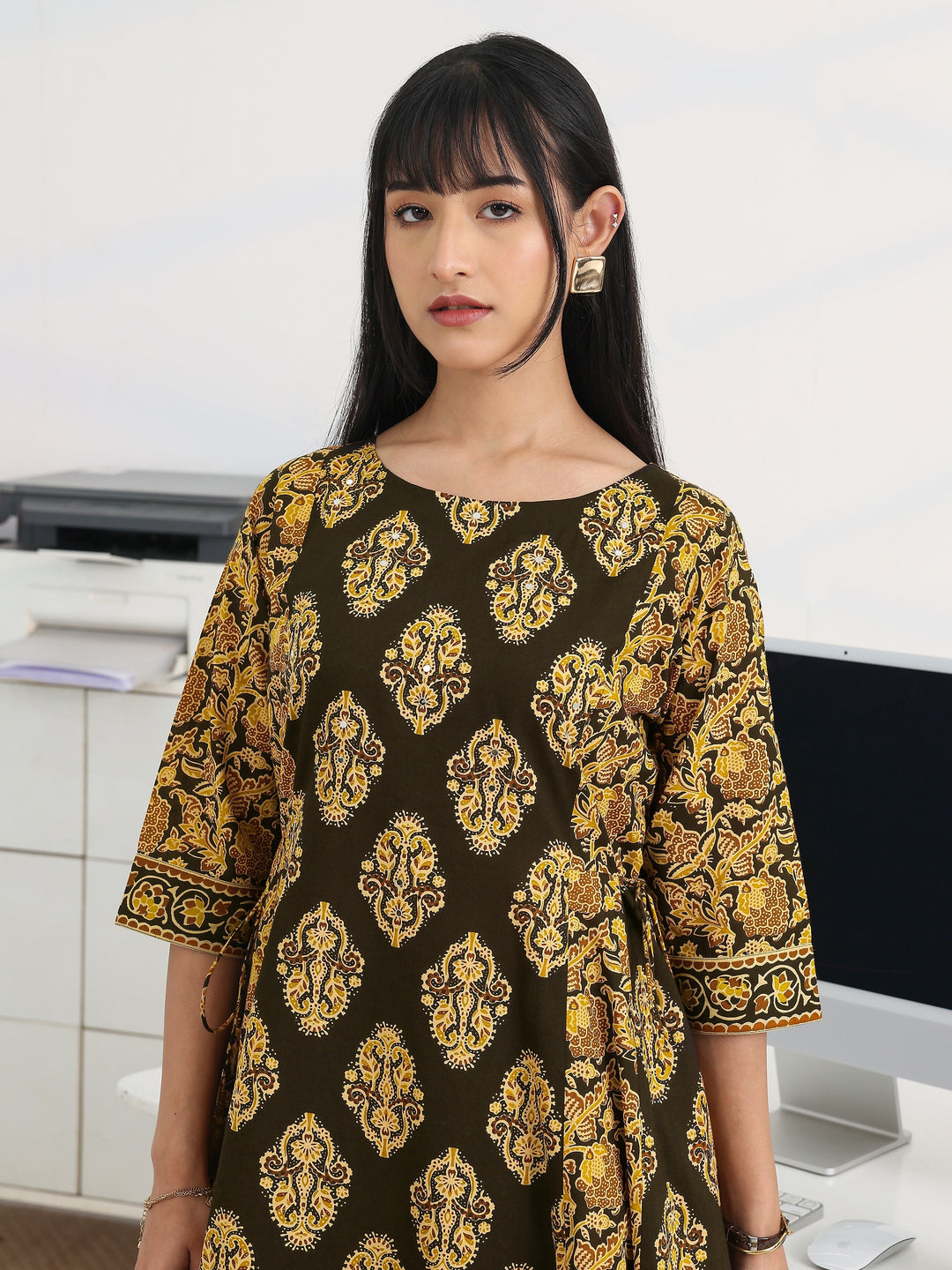 Black Printed Cotton Blend A-Line Suit Set With Dupatta