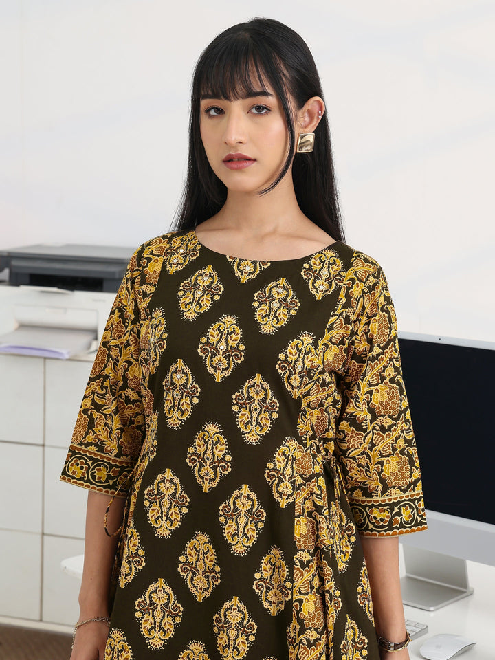 Black Printed Cotton Blend A-Line Suit Set With Dupatta