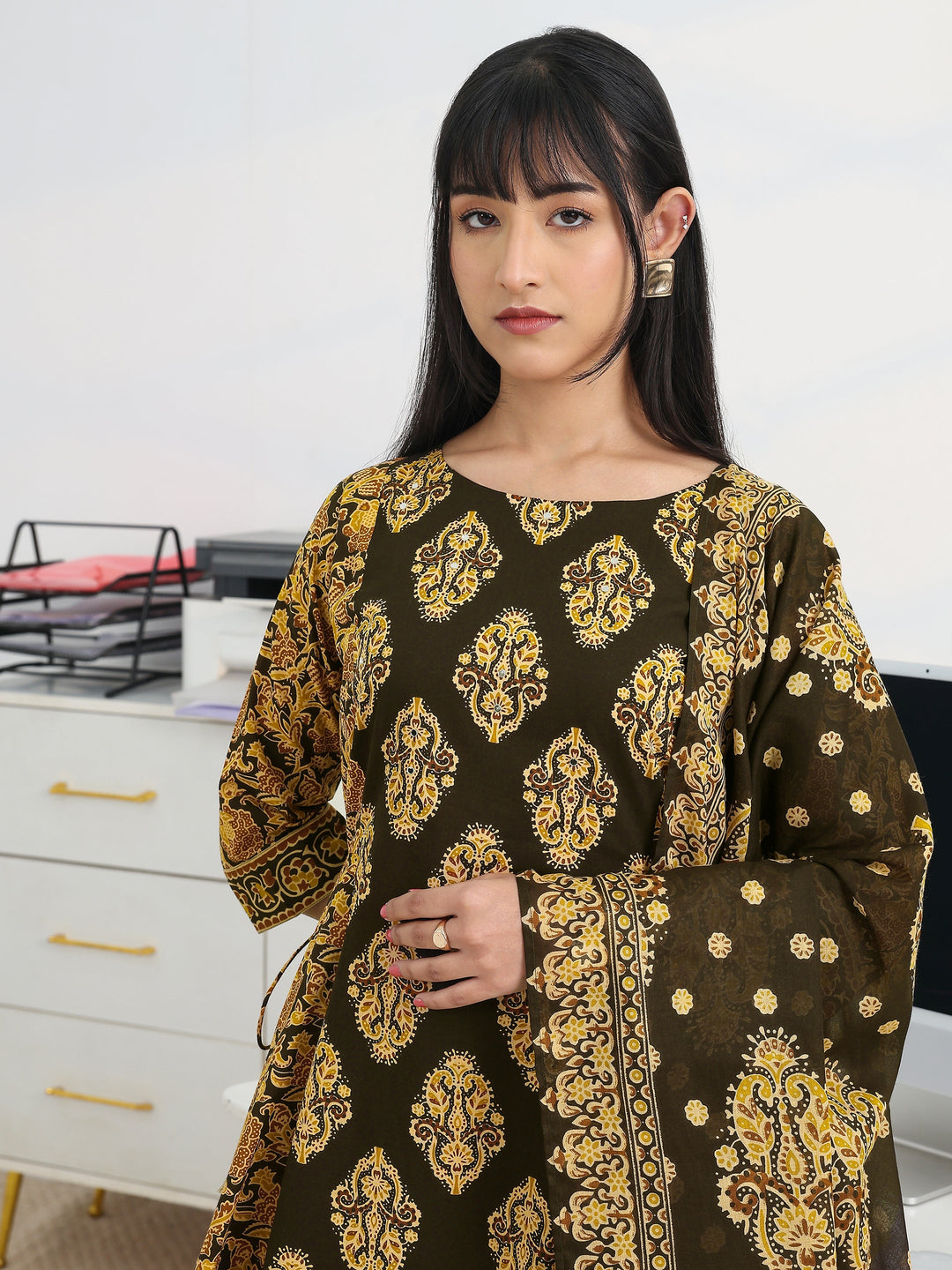 Black Printed Cotton Blend A-Line Suit Set With Dupatta