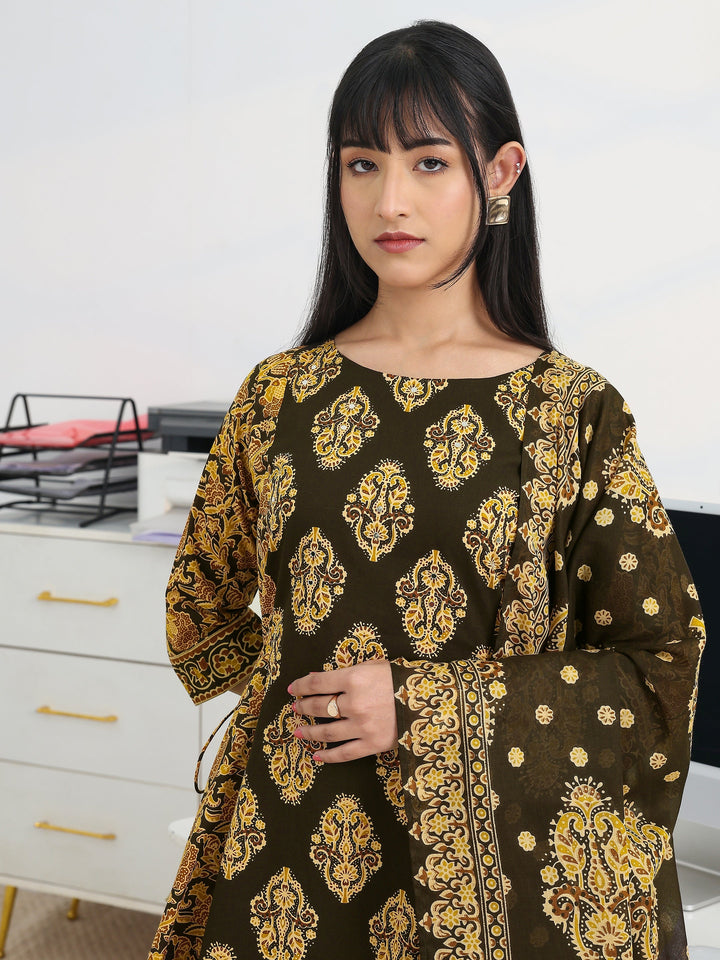 Black Printed Cotton Blend A-Line Suit Set With Dupatta