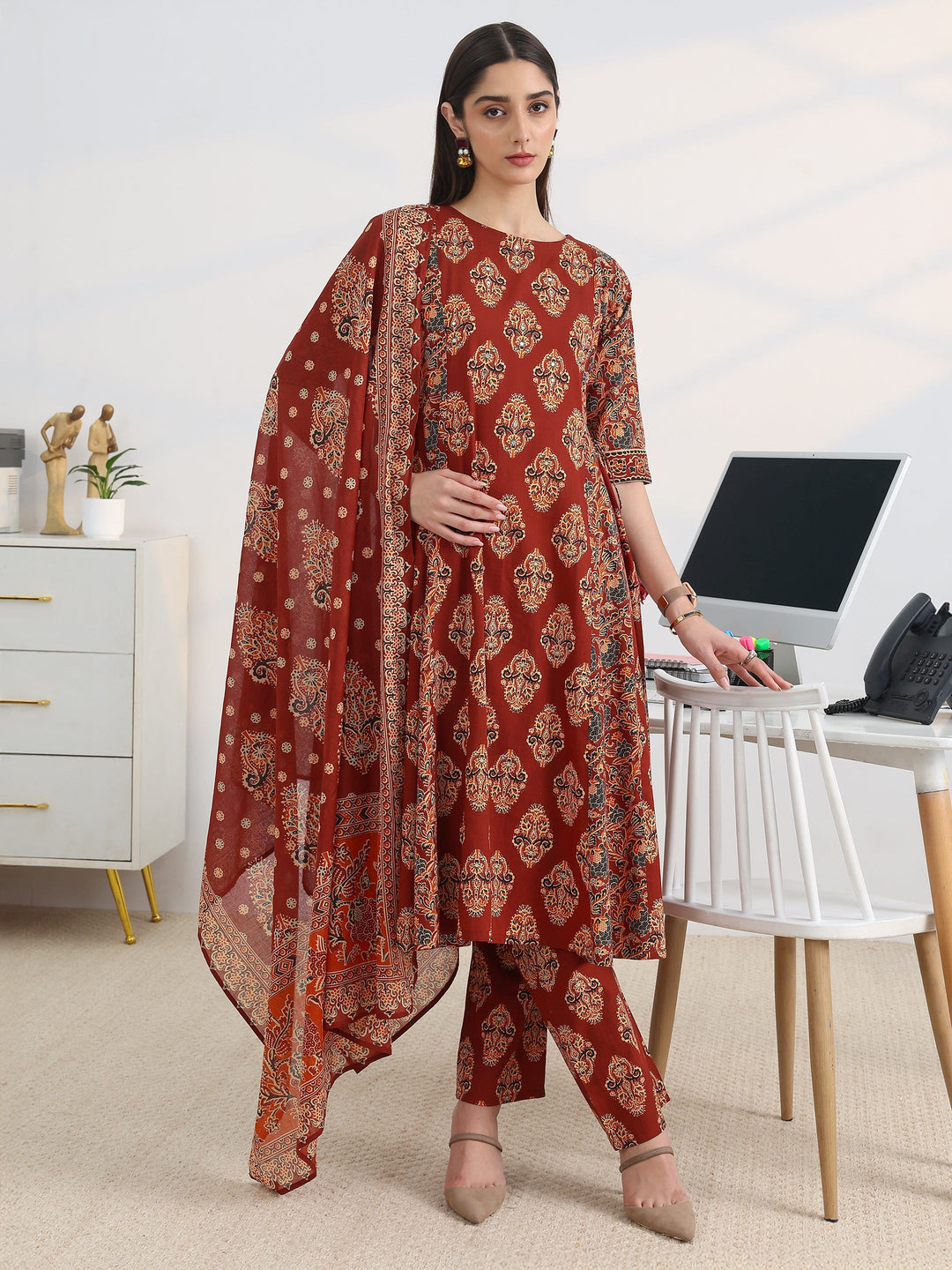 Rust Printed Cotton Blend A-Line Suit Set With Dupatta
