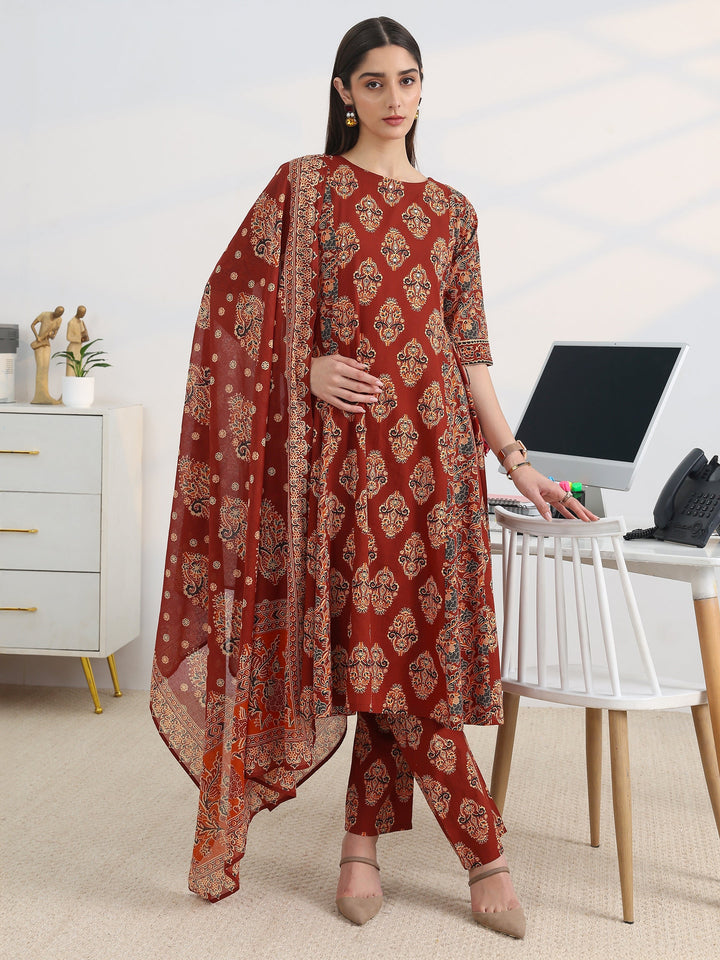 Rust Printed Cotton Blend A-Line Suit Set With Dupatta