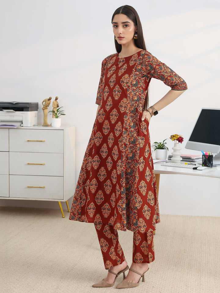 Rust Printed Cotton Blend A-Line Suit Set With Dupatta