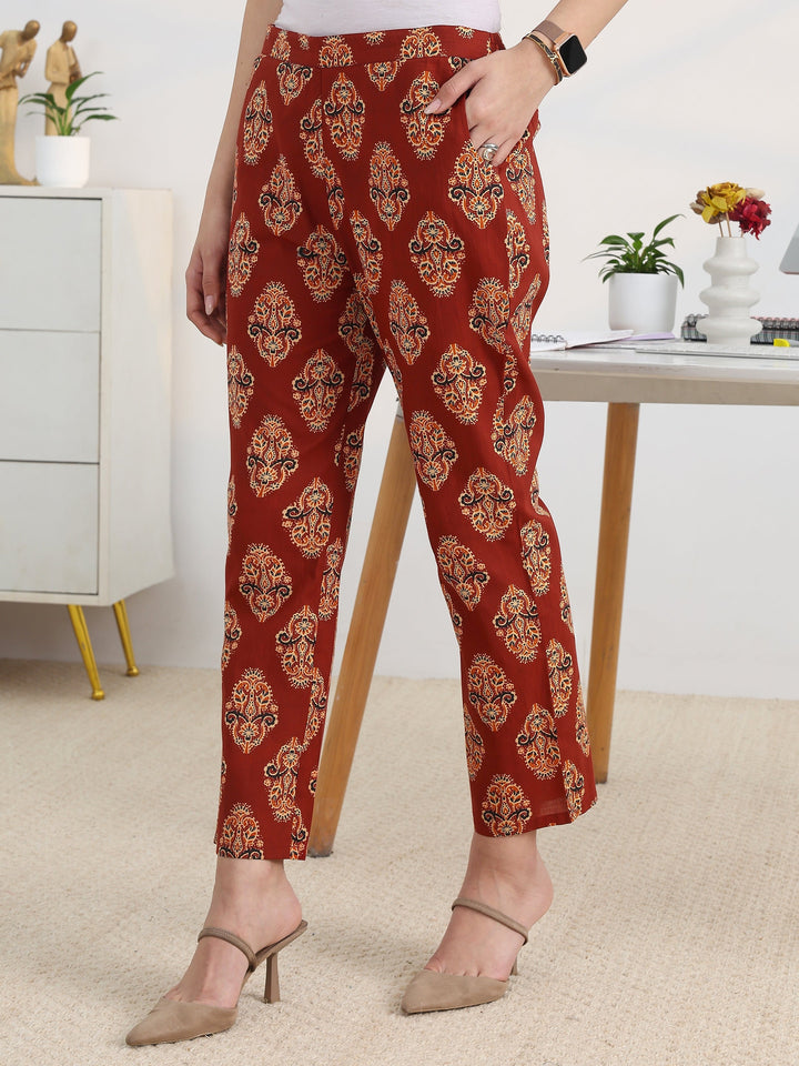 Rust Printed Cotton Blend A-Line Suit Set With Dupatta