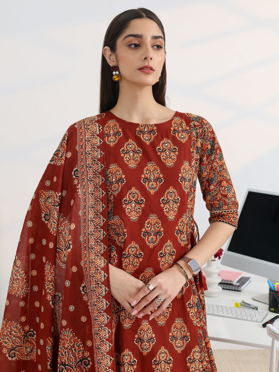Rust Printed Cotton Blend A-Line Suit Set With Dupatta