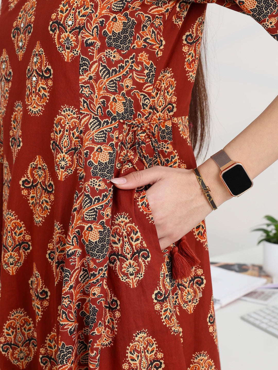 Rust Printed Cotton Blend A-Line Suit Set With Dupatta