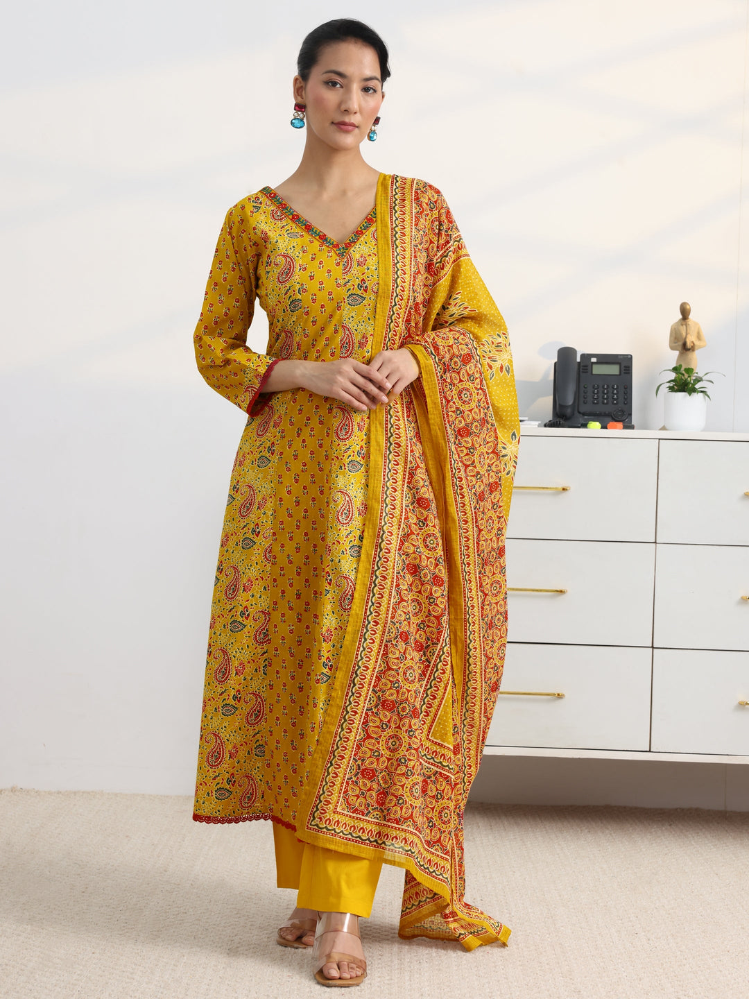 Mustard Paisley Printed Cotton Blend A-Line Suit Set With Dupatta