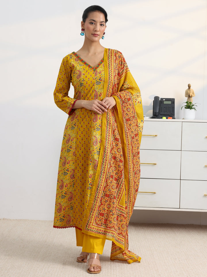 Mustard Paisley Printed Cotton Blend A-Line Suit Set With Dupatta