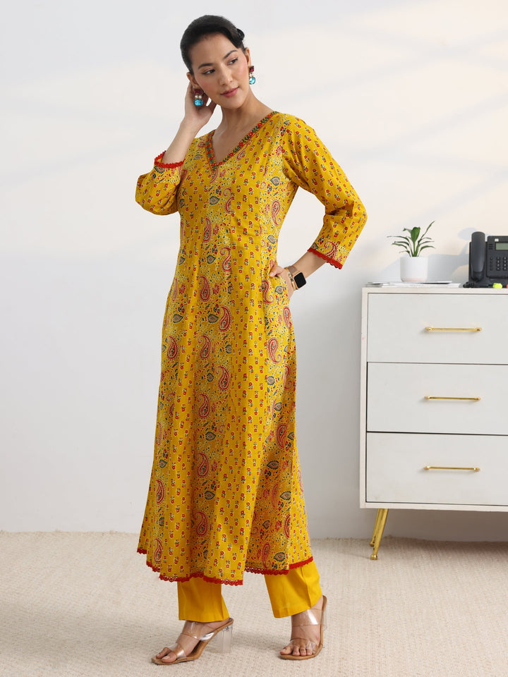 Mustard Paisley Printed Cotton Blend A-Line Suit Set With Dupatta