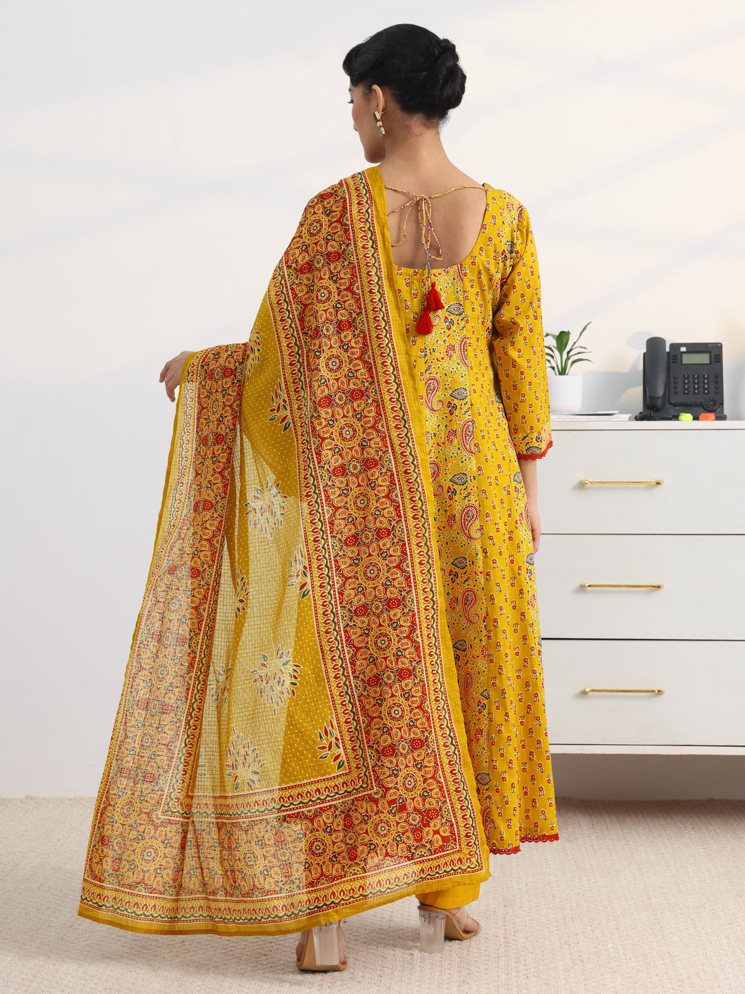 Mustard Paisley Printed Cotton Blend A-Line Suit Set With Dupatta