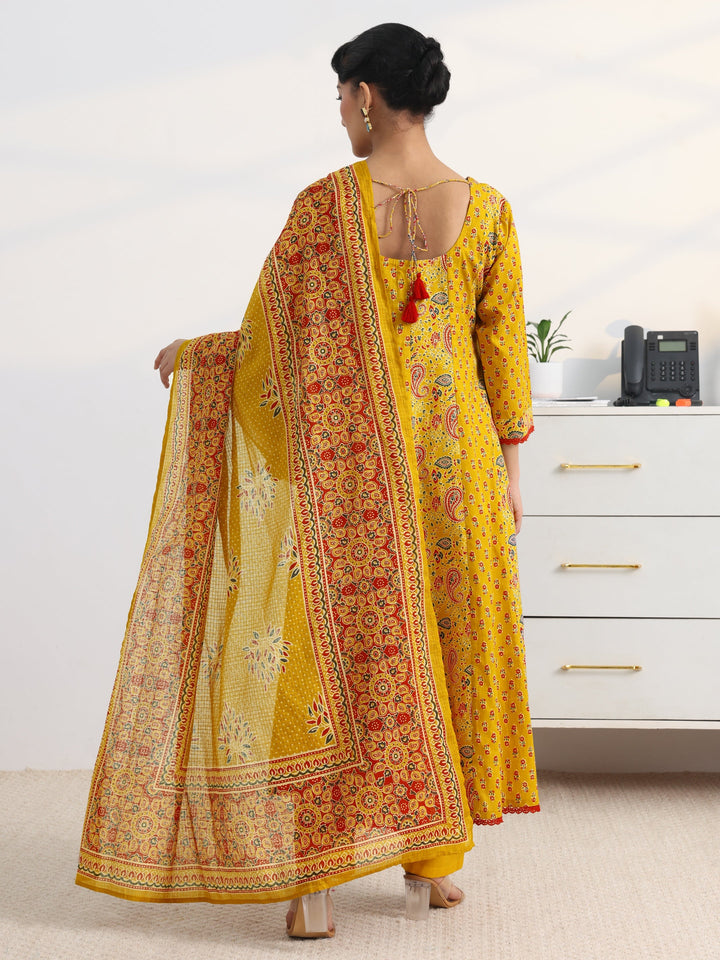 Mustard Paisley Printed Cotton Blend A-Line Suit Set With Dupatta