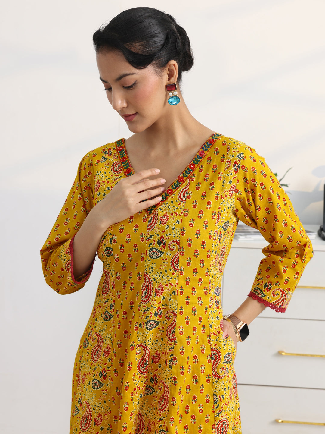 Mustard Paisley Printed Cotton Blend A-Line Suit Set With Dupatta
