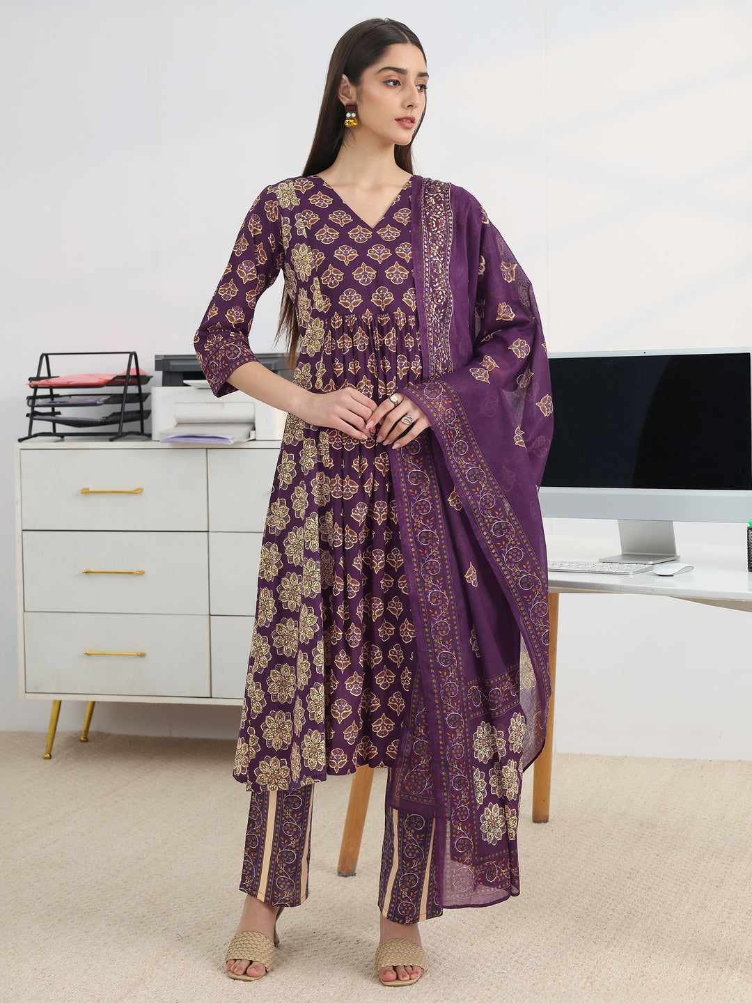 Purple Printed Cotton Blend A-Line Suit Set With Dupatta