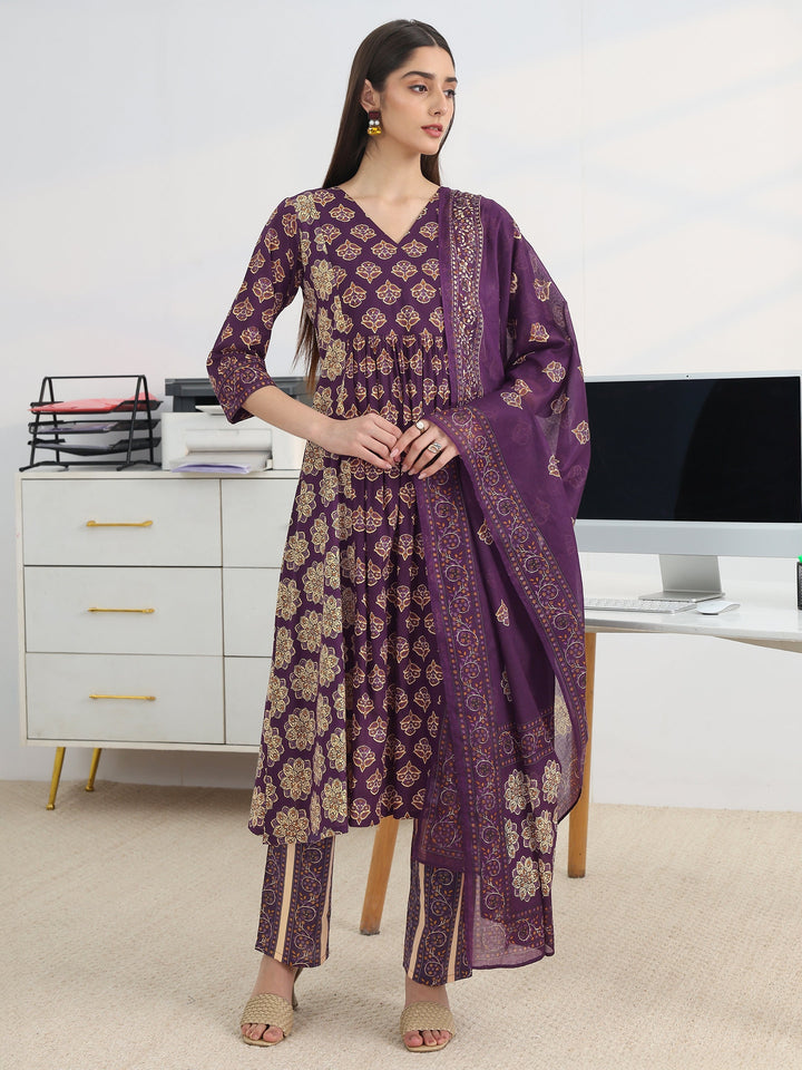 Purple Printed Cotton Blend A-Line Suit Set With Dupatta