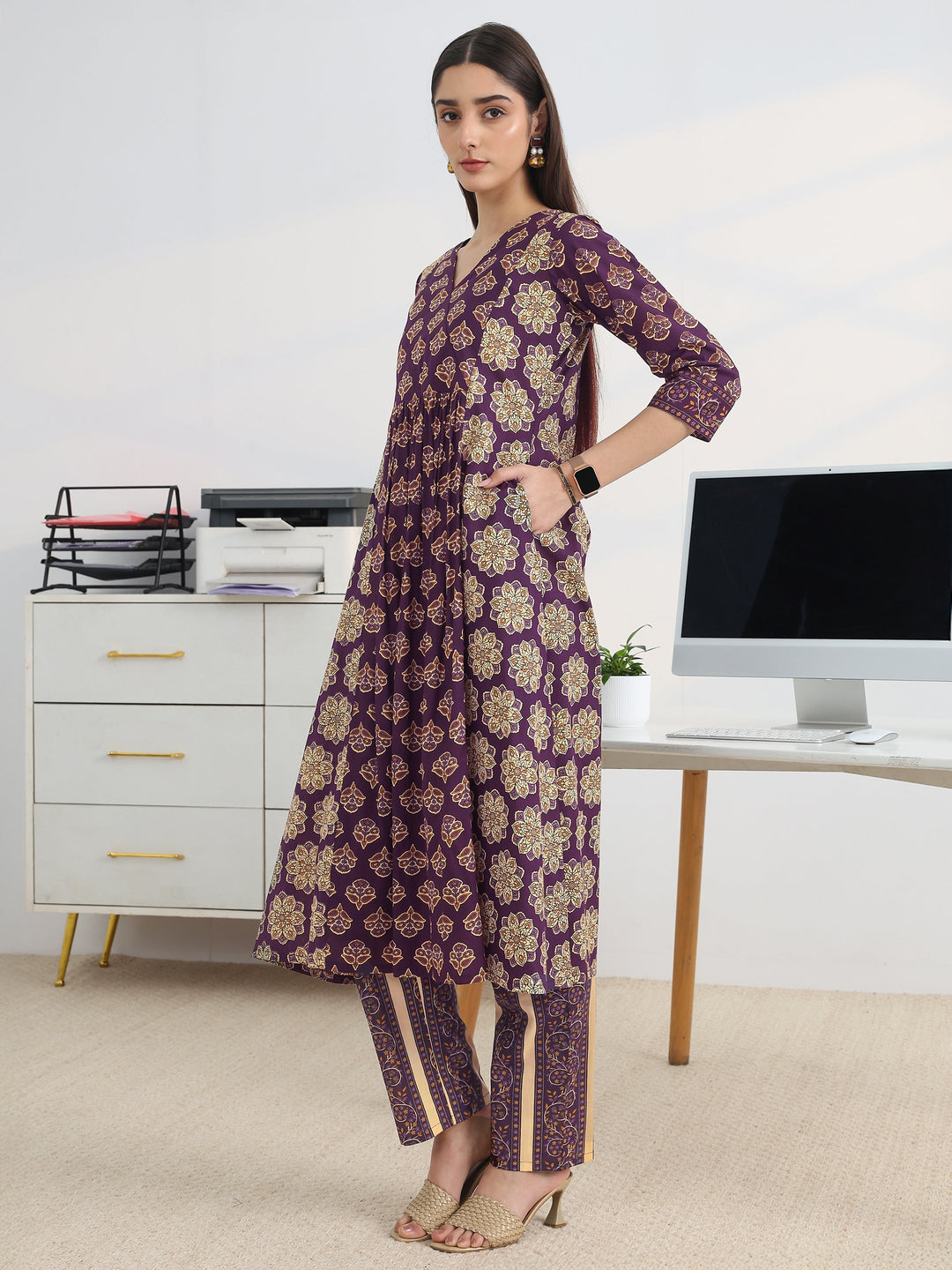 Purple Printed Cotton Blend A-Line Suit Set With Dupatta