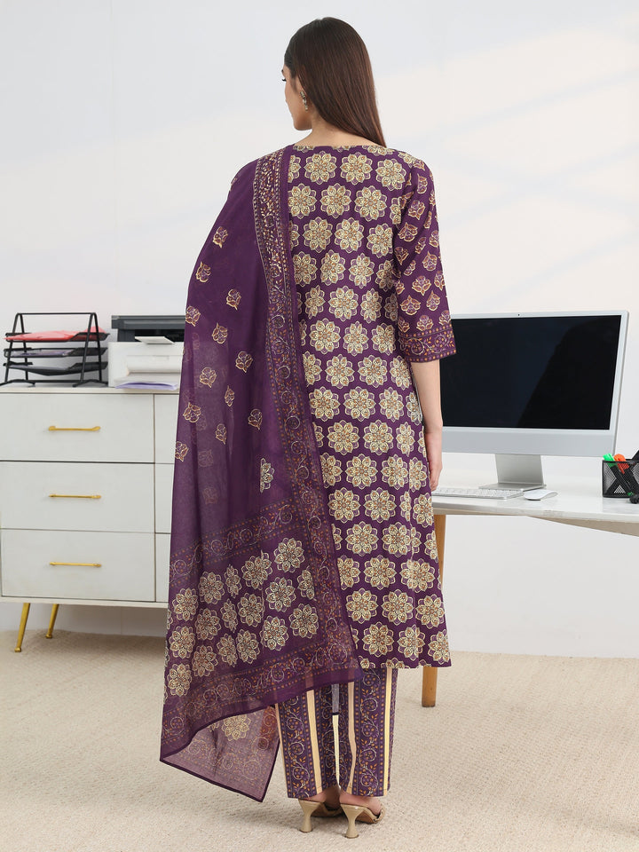 Purple Printed Cotton Blend A-Line Suit Set With Dupatta