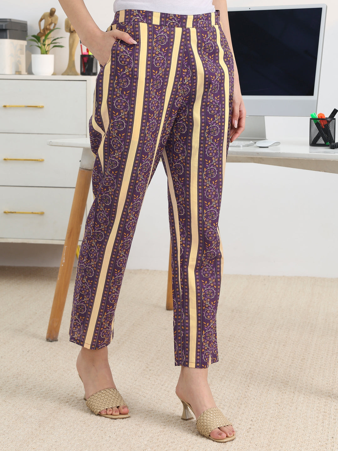 Purple Printed Cotton Blend A-Line Suit Set With Dupatta