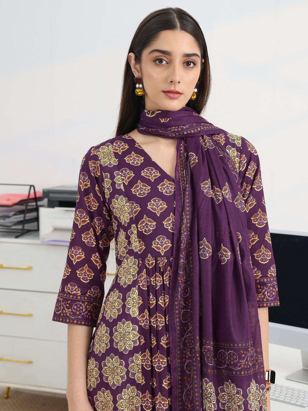 Purple Printed Cotton Blend A-Line Suit Set With Dupatta