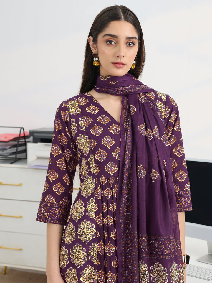Purple Printed Cotton Blend A-Line Suit Set With Dupatta