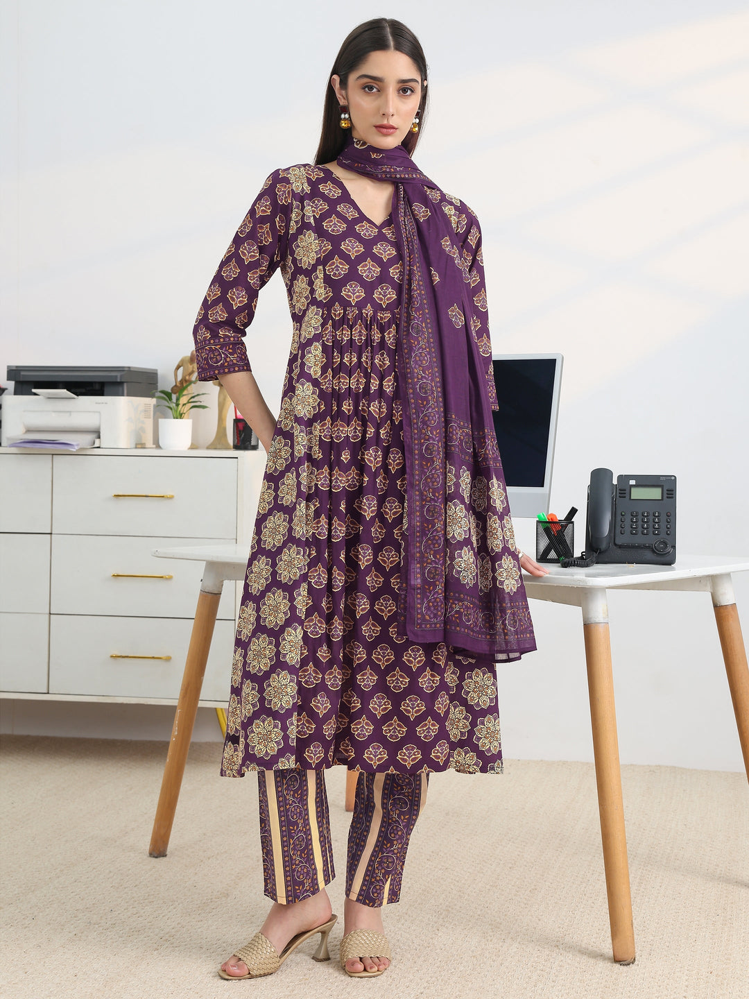 Purple Printed Cotton Blend A-Line Suit Set With Dupatta