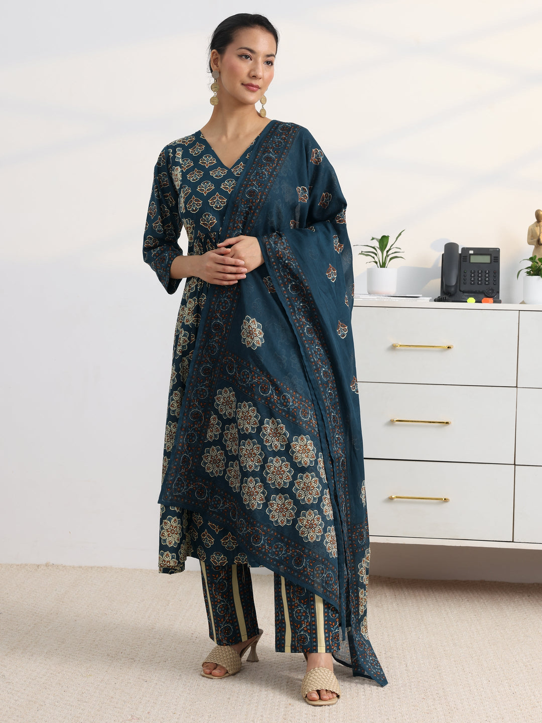Blue Floral Printed Cotton Blend A-Line Suit Set With Dupatta