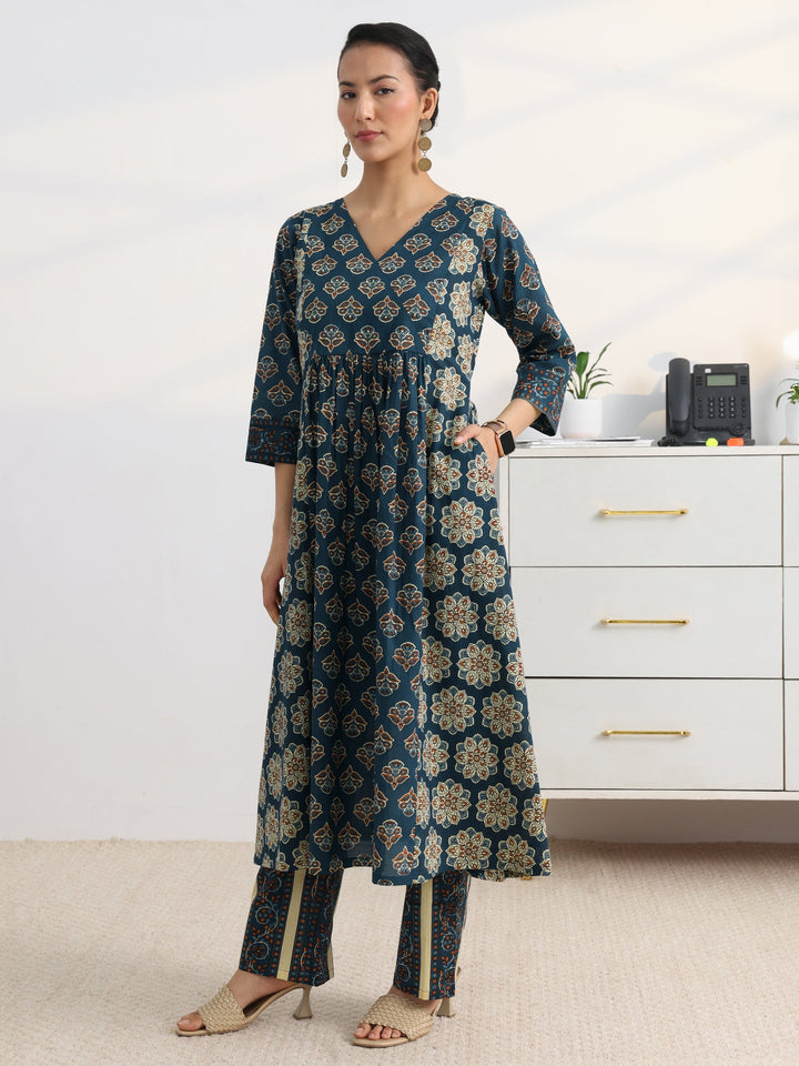 Blue Floral Printed Cotton Blend A-Line Suit Set With Dupatta