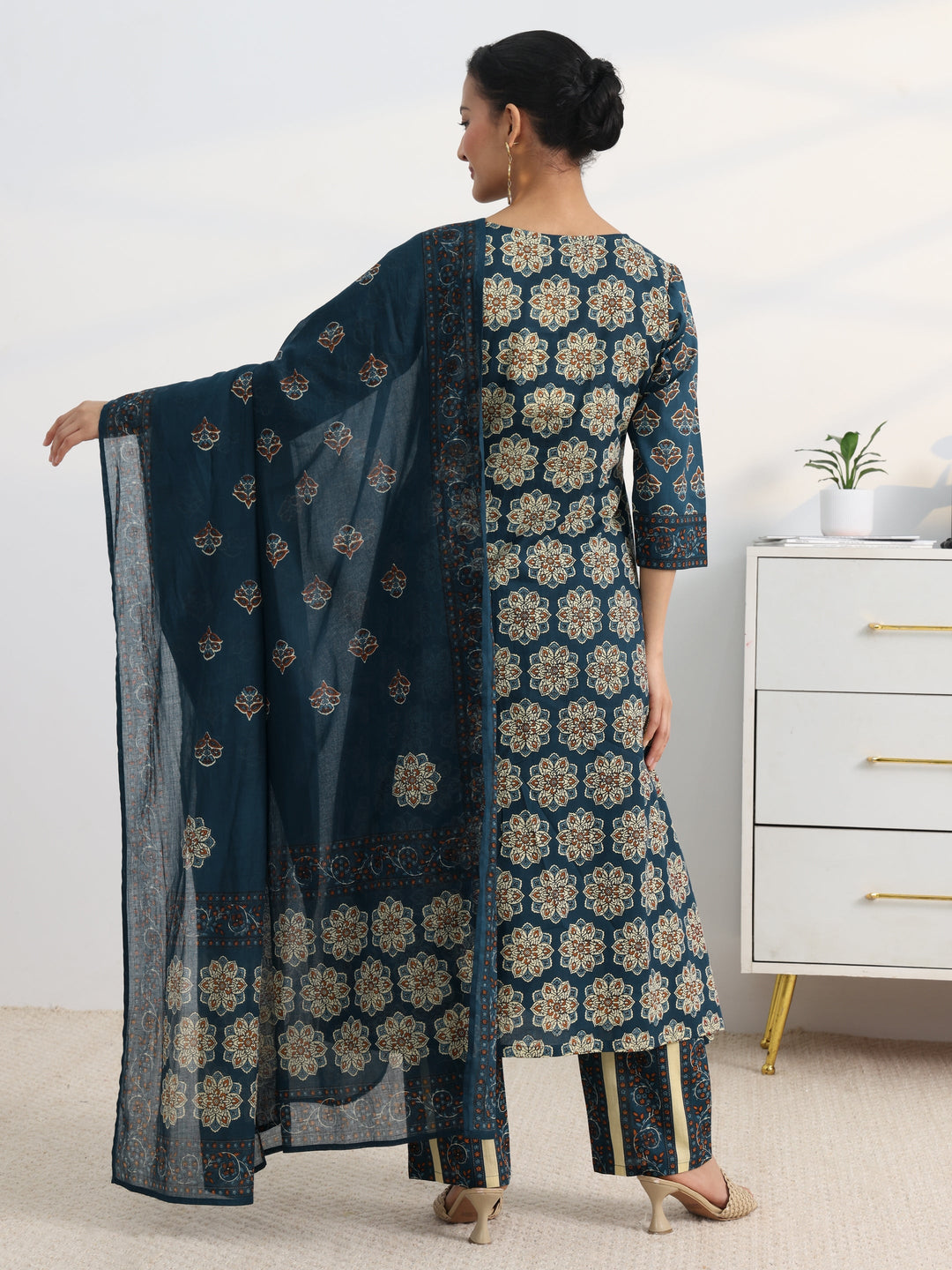 Blue Floral Printed Cotton Blend A-Line Suit Set With Dupatta